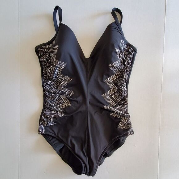 Miraclesuit Temptation Slimming Tummy Control Black Stitch Mix Swimsuit Sz S/M - Picture 3 of 8